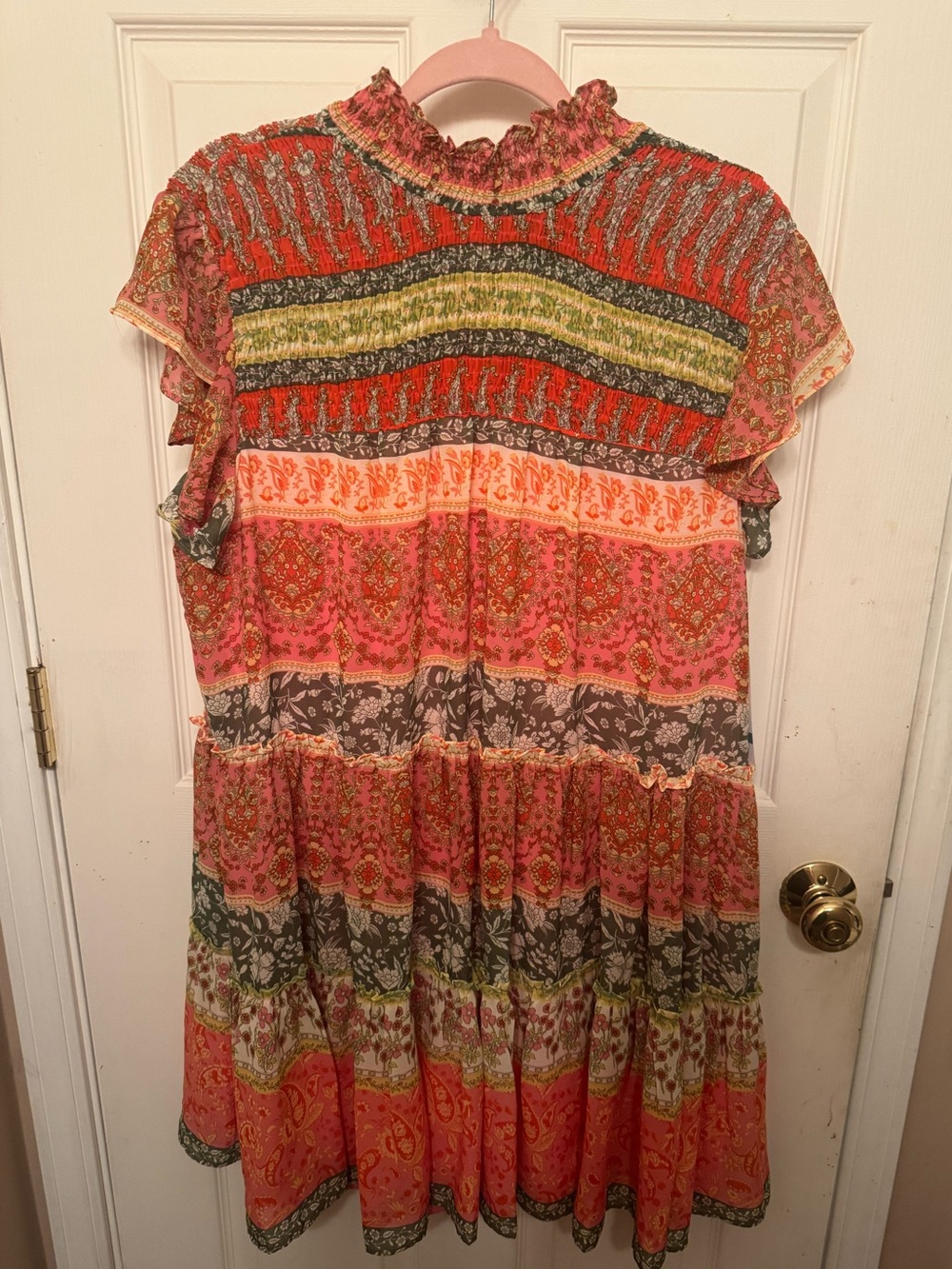 Maison Tara Coral, Pink and Olive Patchwork Midi Dress